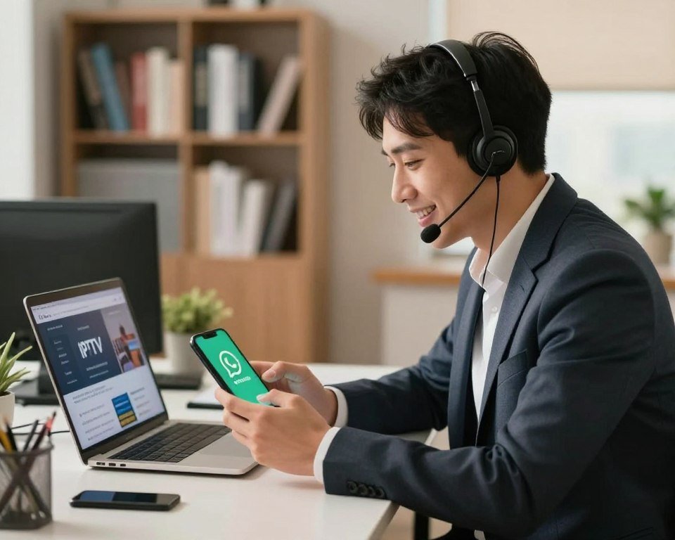 A well-lit office space featuring a friendly customer support representative engaging with a smartphone displaying the WhatsApp logo prominently. In the foreground, the representative, dressed in smart casual attire, leans slightly forward, smiling while interacting with the device. The middle ground showcases a sleek desk with a laptop open, displaying IPTV service-related graphics. In the background, a soft-focused bookshelf filled with technology and telecommunications books adds depth. The lighting is warm and inviting, suggesting a professional yet approachable atmosphere. The scene conveys a sense of readiness to assist, emphasizing the importance of contact and support.