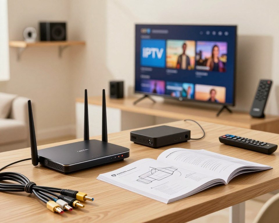 A well-organized workbench showcasing the essential tools and equipment for a successful IPTV installation. In the foreground, include a sleek router, a set of high-quality cables, and a user manual open to a diagram. The middle ground features a modern television displaying an IPTV interface, surrounded by small electronic devices like a media player and a remote control. In the background, a bright, well-lit room with a wall-mounted shelf containing additional technology gadgets. Use warm, inviting lighting to create a professional yet approachable atmosphere. Shot from a slightly elevated angle to capture all elements clearly, ensuring a clean and uncluttered composition that emphasizes readiness and organization for installation.