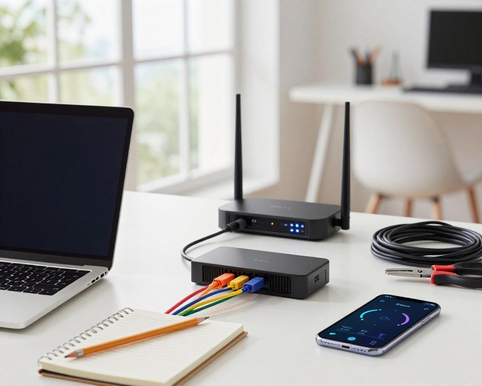 A well-organized workspace focused on preparing for a stable internet connection. In the foreground, display a sleek laptop connected to a fiber optic modem, with colorful cables neatly arranged around it. Beside the laptop, include a notepad with a pencil, and a smartphone showing a signal strength meter app. In the middle ground, showcase a Wi-Fi router with LED indicators glowing softly, surrounded by various networking tools like an Ethernet cable tester and a pair of scissors for cable management. The background features a modern home office setting with a large window letting in natural daylight, creating a bright and optimistic atmosphere. Use soft and balanced lighting to enhance clarity, with a shallow depth of field for a professional, focused look.