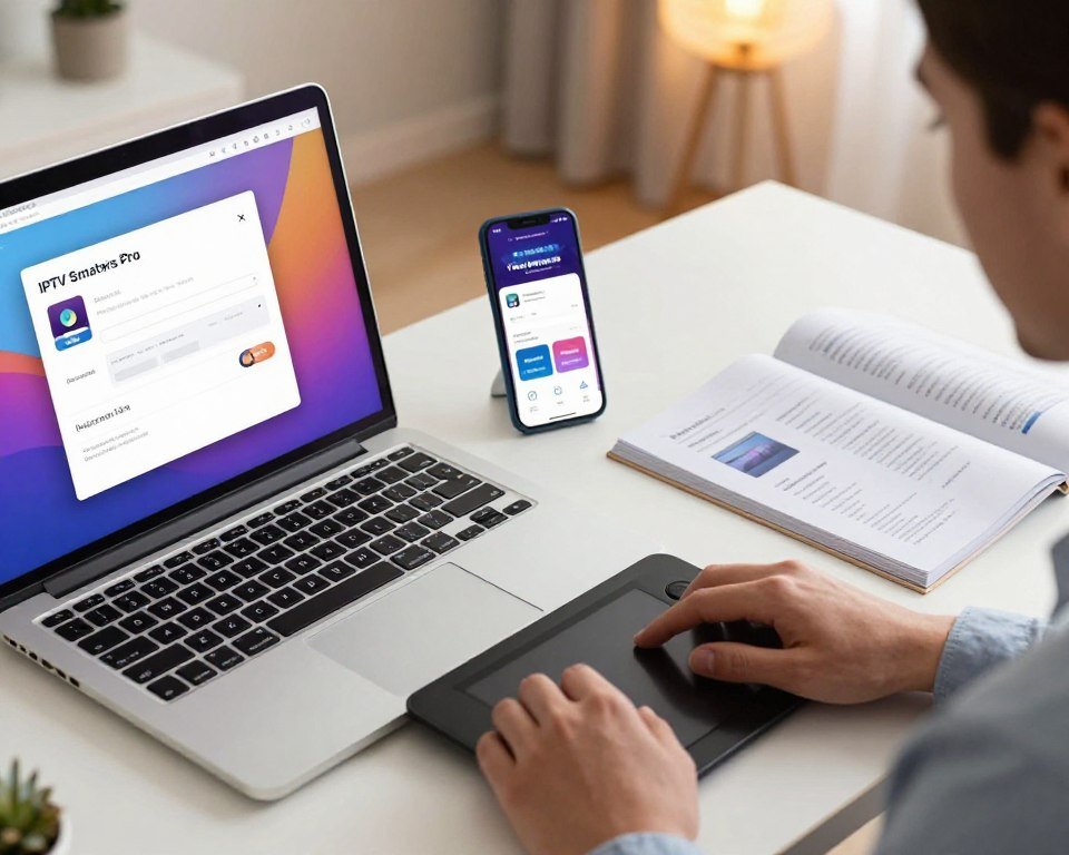 An engaging and informative image depicting the installation steps for IPTV Smarters Pro. In the foreground, a modern laptop displays the IPTV Smarters Pro interface with vibrant colors, focused on the installation menu. Next to the laptop, a hand gently interacts with the touchpad, showcasing a user in professional attire, reflecting a sense of ease and professionalism. In the middle ground, a well-organized workspace features a smartphone with the app installed and an instructional booklet opened to a page detailing configuration steps. The background includes soft, ambient lighting to create a cozy home office atmosphere. The scene is captured from a slightly elevated angle, ensuring clarity of all elements, with a warm and inviting mood suitable for technology installation tutorials.