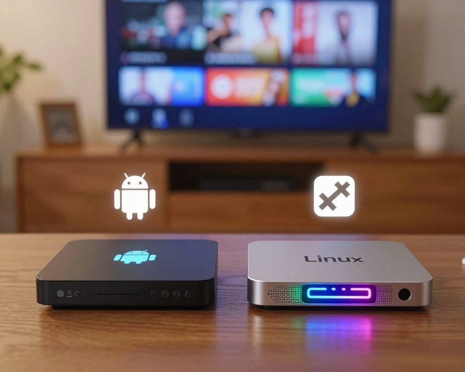 An engaging scene depicting a dynamic comparison between Android and Linux IPTV boxes. In the foreground, place two distinct IPTV boxes side by side; the Android box is sleek and modern, with a glowing logo, while the Linux box is more traditional with a metallic finish and a vibrant LED display. In the middle ground, add subtle icons representing their features, like apps for the Android box and stability symbols for the Linux box. The background features a soft-focus living room setting with a TV displaying IPTV content, subtly highlighting a cozy home atmosphere. Use warm lighting to create an inviting mood, capturing the essence of modern technology versus traditional reliability. The image should be clear and detailed, showcasing the sleek designs and differing aesthetics without any text or distractions.