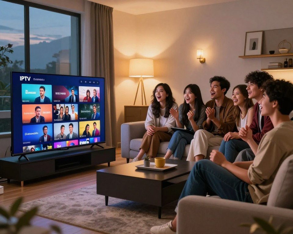 An immersive and high-quality living room scene showcasing IPTV streaming at its finest. In the foreground, a sleek, modern TV displays vibrant and crisp streaming visuals of various channels. The middle ground features a stylish sofa where a diverse group of friends, dressed in casual yet professional attire, attentively watch the screen, their expressions filled with excitement and engagement. The background reveals a cozy ambiance with soft, warm lighting emanating from stylish lamps and wall sconces, enhancing the inviting atmosphere. Through a window, hints of a tranquil evening sky can be seen, subtly reflecting the quality of streaming as the focus of connection and joy. The overall mood is relaxed and lively, emphasizing the enhanced viewing experience of IPTV services.