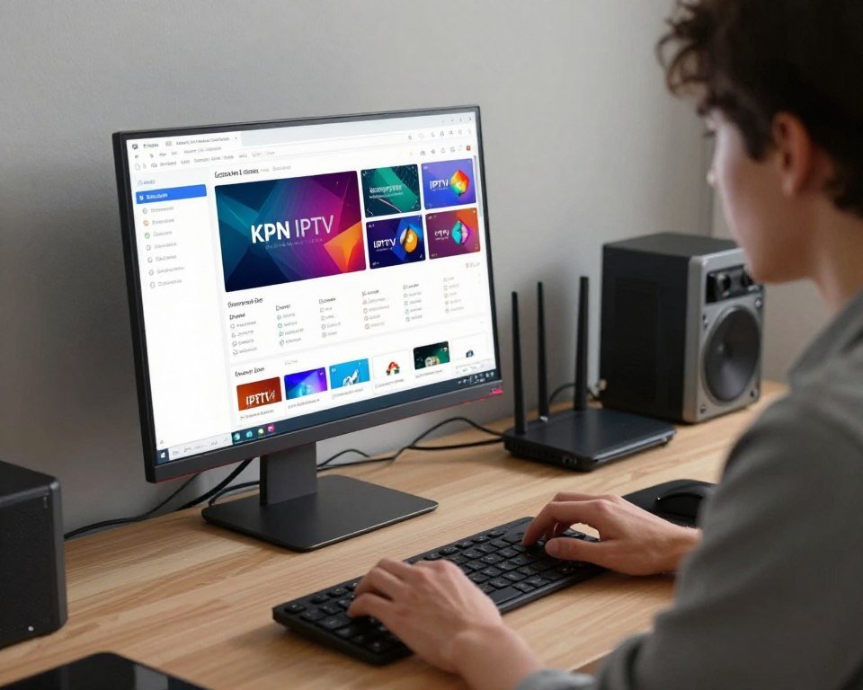An informative and visually engaging scene depicting the configuration of KPN IPTV on a Linux system. In the foreground, a sleek, modern desktop computer displays the Linux interface with colorful settings and IPTV channels visible. Beside it, a person in smart casual attire is focused intently on the screen, hands poised over a keyboard. The background features a tidy workspace with soft lighting, emphasizing a professional yet approachable atmosphere. A few technical gadgets, like a router and cables, are artistically arranged on a desk. The overall composition captures a sense of technological sophistication and clarity, invoking an inspiring mood for tech enthusiasts.