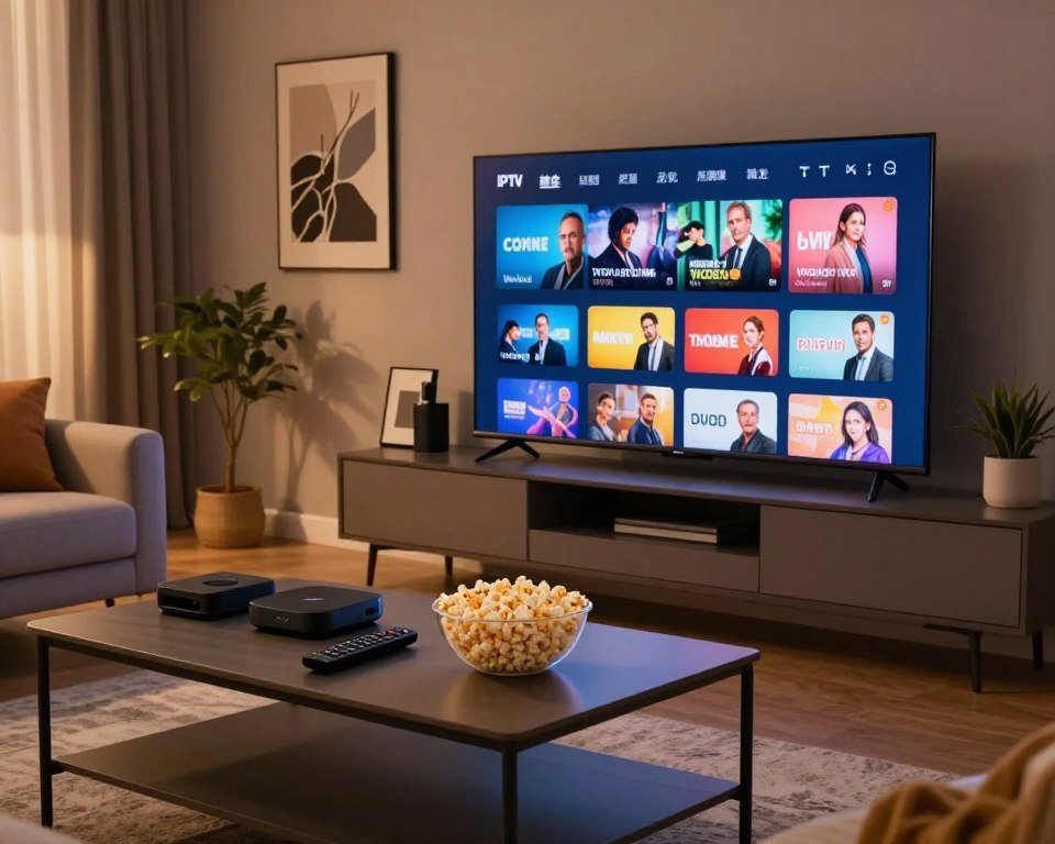 An inviting living room with a modern entertainment setup as the foreground, showcasing a large flat-screen TV displaying a vibrant streaming interface filled with diverse channels and VoD options. The middle ground features a sleek coffee table adorned with a remote control, popcorn bowl, and a few streaming device boxes. In the background, cozy wall art and decor create an inviting atmosphere. Soft, warm lighting casts a gentle glow across the room, enhancing the feeling of comfort. The angle is slightly elevated, capturing both the television and the inviting ambiance of the room. The overall mood is relaxed and enjoyable, epitomizing a perfect evening of entertainment with extensive IPTV offerings.