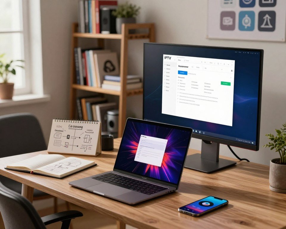 An inviting workspace showcasing a modern computer setup, complete with a sleek monitor displaying installation system requirements for IPTV Smart Player. In the foreground, an open laptop with vibrant graphics highlighting system compatibility. The middle ground features a comfortable chair and a notepad with notes and sketches related to installation steps. The background includes shelves filled with tech books and a subtle wall poster of digital streaming icons. Soft, natural lighting streams through a nearby window, creating a warm and focused atmosphere. The angle is slightly tilted to emphasize the tech aesthetic, with a smartphone beside the laptop, suggesting productivity and connectivity. The scene exudes a sense of professionalism and readiness for installation tasks.